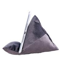 A triangular gray tablet stand is propped up against a sleek silver tablet for hands-free viewing.