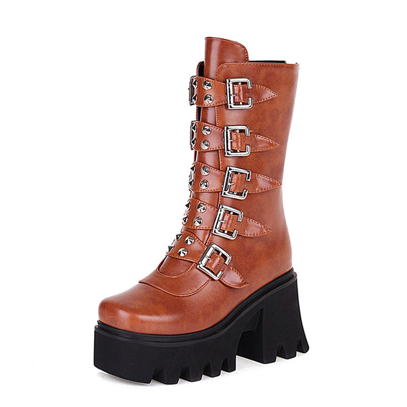 Funki Findz | Boots | Women's Chunky Mid-Calf Buckle Boot
