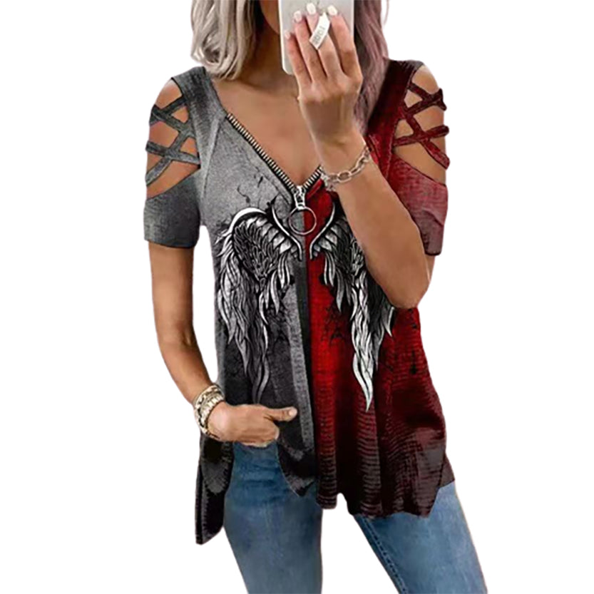 Funki Findz | Shirts | Women's Cross Strap Short Sleeve Zip Shirt