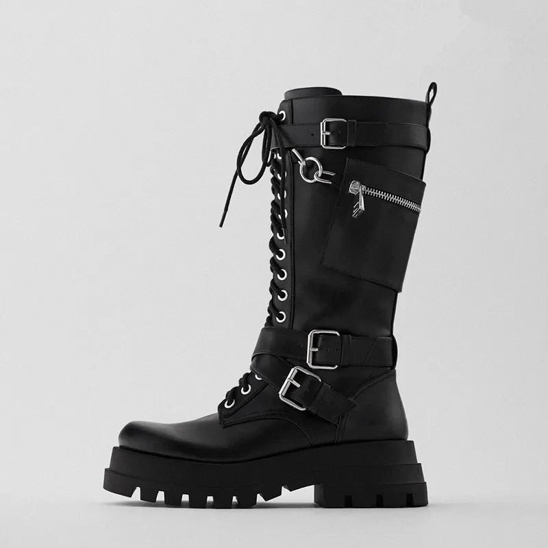 Funki Findz | Boots | Women's Knee High Silver Chain Biker Boot
