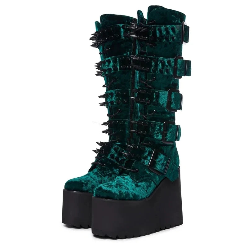 Funki Findz | Boots | Women's Green Wedge Platform Rivet Boots