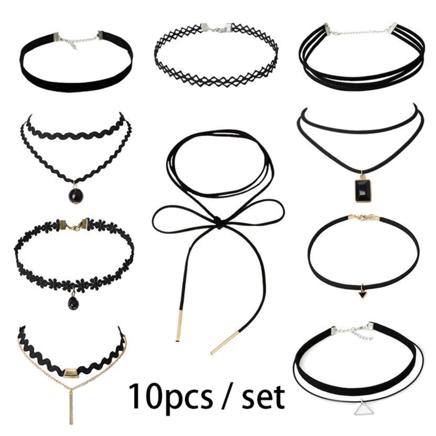 Set of 10 black chokers with various designs, including lace, velvet, and pendants. Stylish, modern feel with geometric and floral accents.