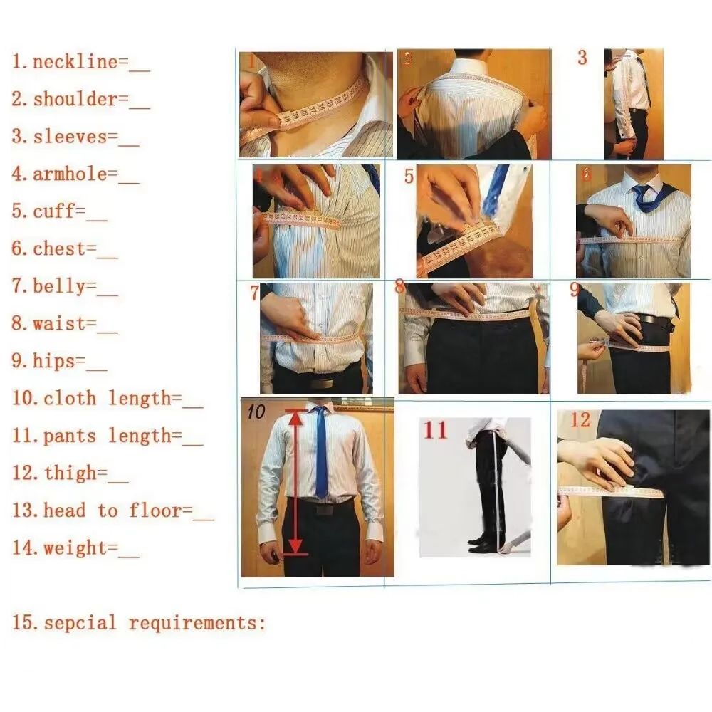 A visual guide on taking body measurements for tailoring. Includes images measuring shoulder, chest, waist, length, with labeled steps, conveying precision.