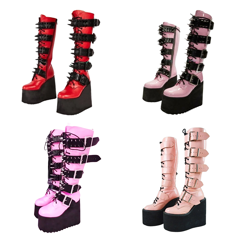 Funki Findz | Boots | Women's Pink Studded Belt Platform Boots