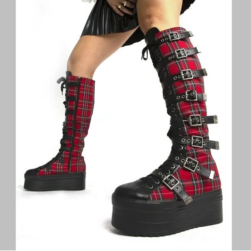 Funki Findz | Boots | Women's Plaid Buckle Platform Wedge Boot