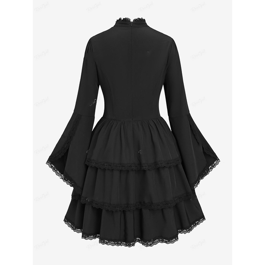 Back view of a black Gothic-style dress with bell sleeves and a multi-layered lace-trimmed skirt. The dress exudes a vintage and elegant feel.