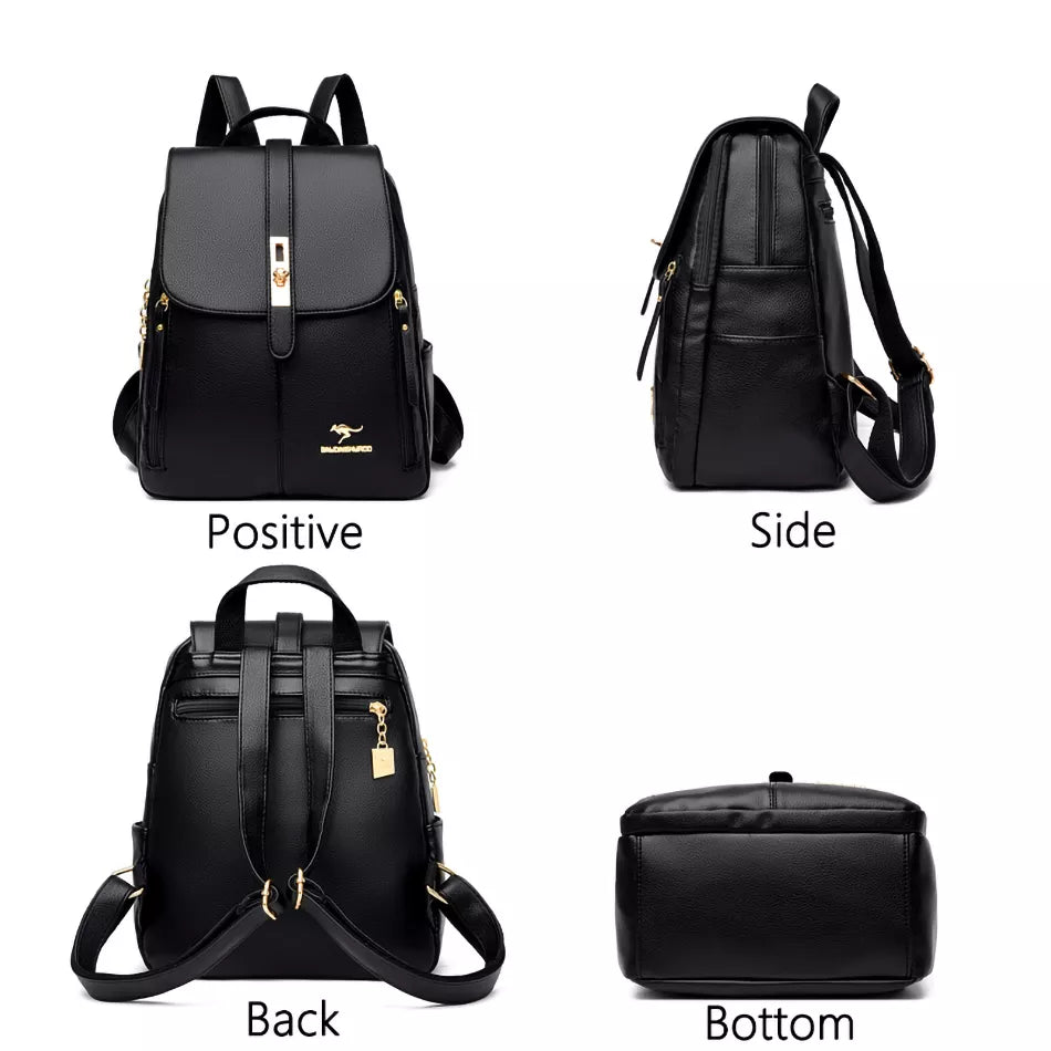 Four views of a stylish black leather backpack, showcasing its front, side, back, and bottom angles with sleek design details.