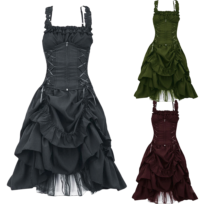 Three corset-style dresses in black, green, and burgundy with layered, ruched skirts and crisscross lacing. The design exudes a vintage, elegant feel.