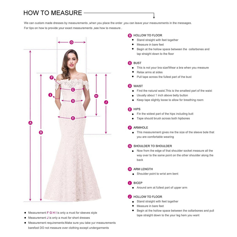 Illustration titled 'How to Measure' showing a woman in an off-shoulder dress with labeled measurement points. Arrows indicate areas for measuring the hollow to floor, bust, waist, hips, armhole, shoulder to shoulder, arm length, and bicep. Instructions and tips are included on the right side for each measurement, emphasizing accuracy and comfort."