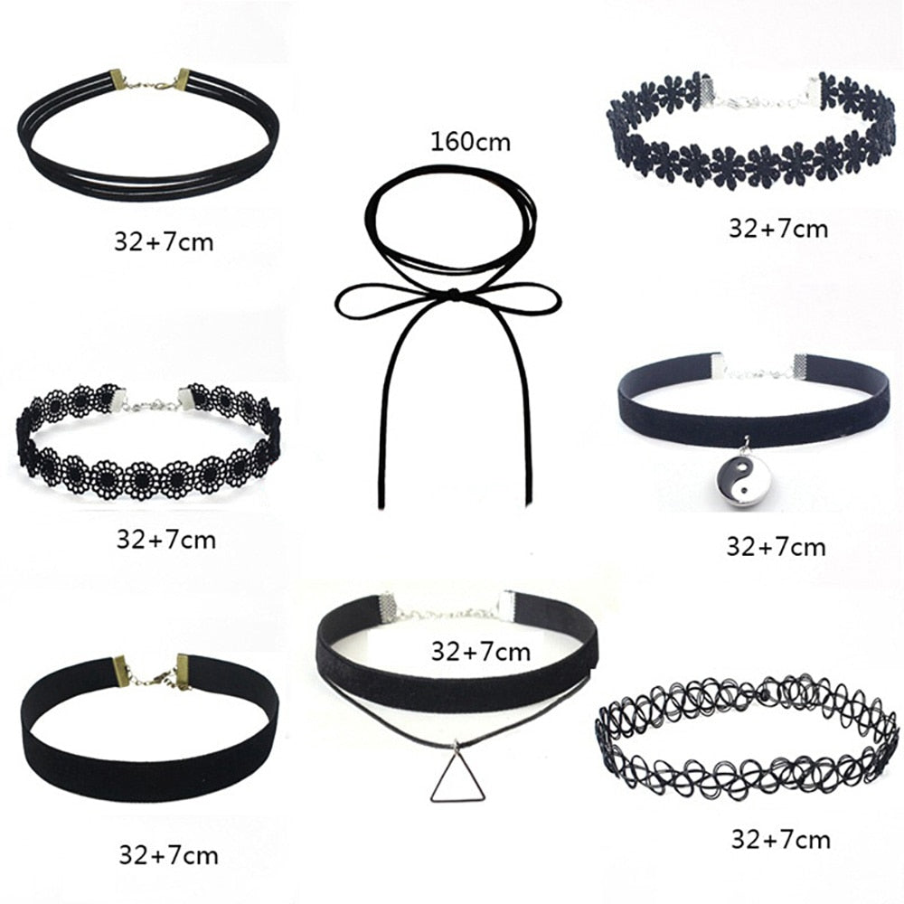 A display of eight black chokers on a white background. Designs include lace, velvet, floral, and a cord with a bow. Sizes vary between 32+7 cm and 160 cm, with some featuring pendants like a Yin Yang and a triangle.