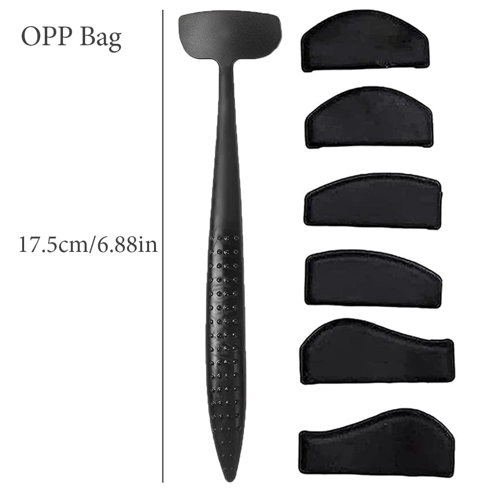 A black plastic eyebrow stencil set featuring a long handle and five different brow shape guides. Text indicates dimensions: 17.5cm/6.88in.