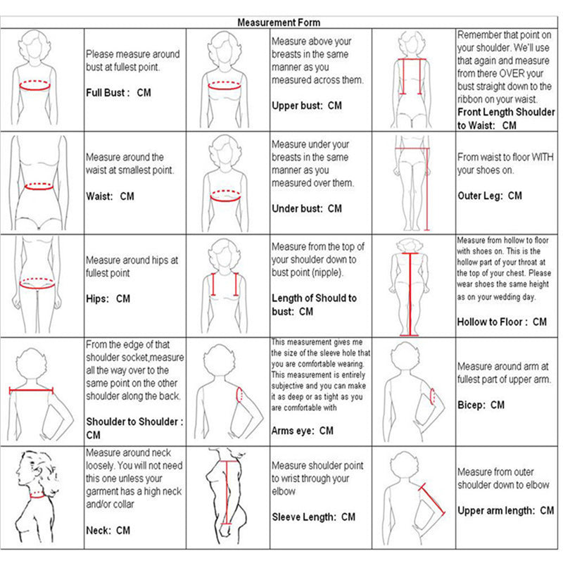 Diagram showing a measurement form with illustrations for taking body measurements for tailored clothing. It includes full bust, waist, hips, and other measurements like shoulder to bust, sleeves, and leg lengths. Red lines indicate measuring points.