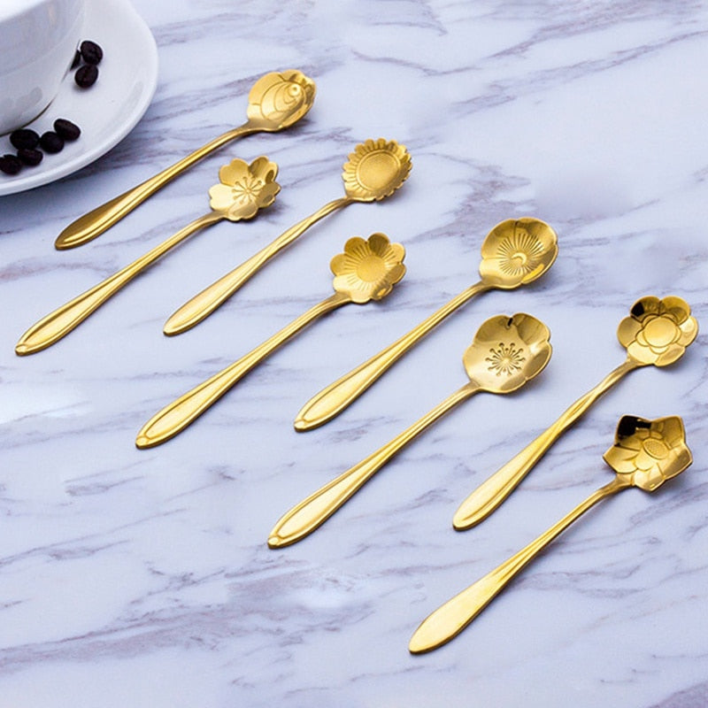 Funki Findz | Spoons | Flower Gold Dessert Spoons 8 Pcs Set