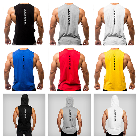 Nine muscular individuals showcase sleeveless gym shirts in various colors, each featuring the text "JUST GYM."