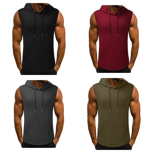 Four sleeveless hoodies are displayed on a muscular model. Colors include black, maroon, dark gray, and olive green, each with a drawstring hood.