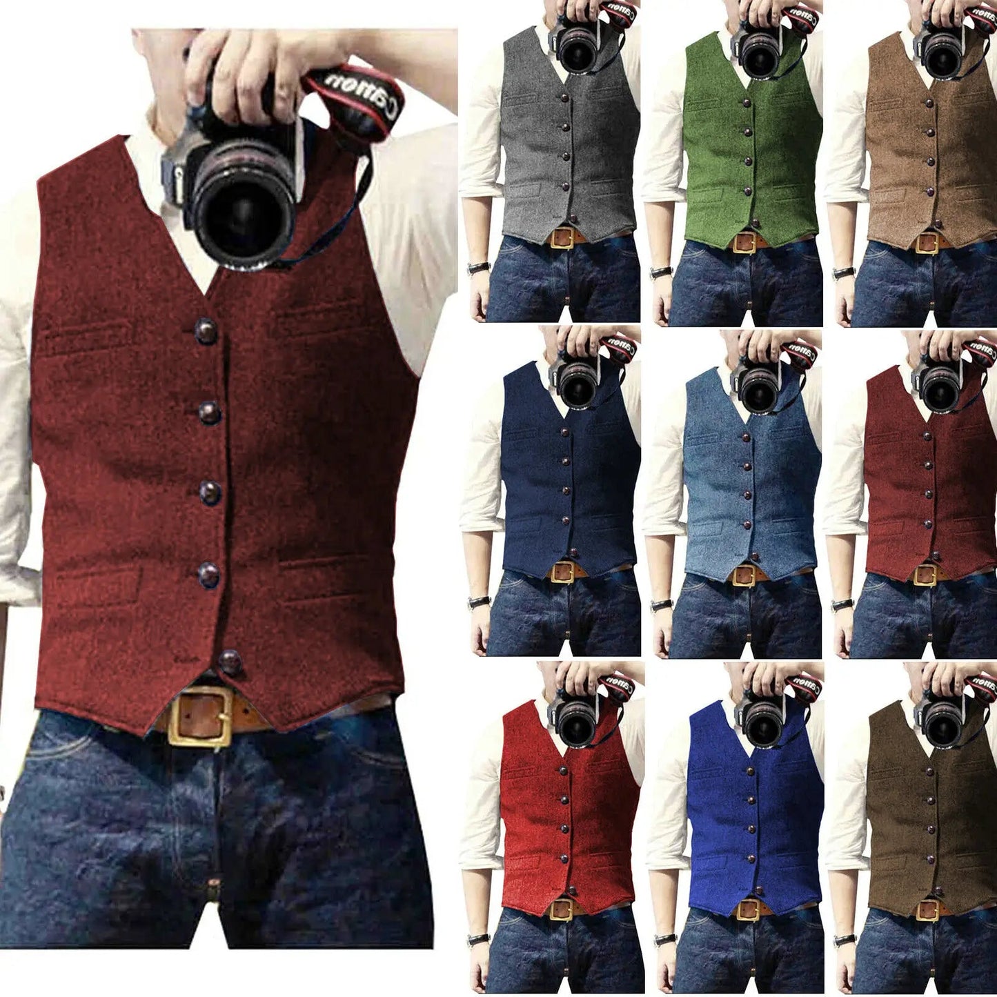 A man holds a camera wearing a red vest, surrounded by images of vests in various colors including gray, green, blue, and brown.