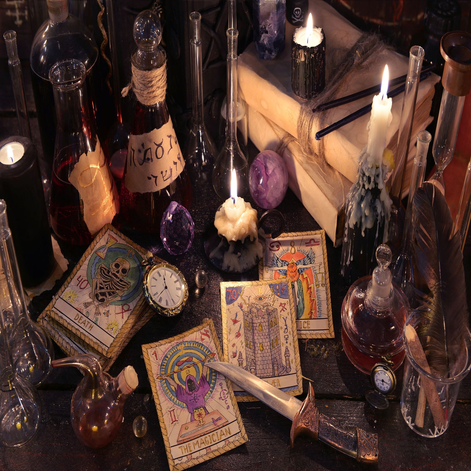 Night time, wood table displaying candles, books, tarot cards, mystic items.