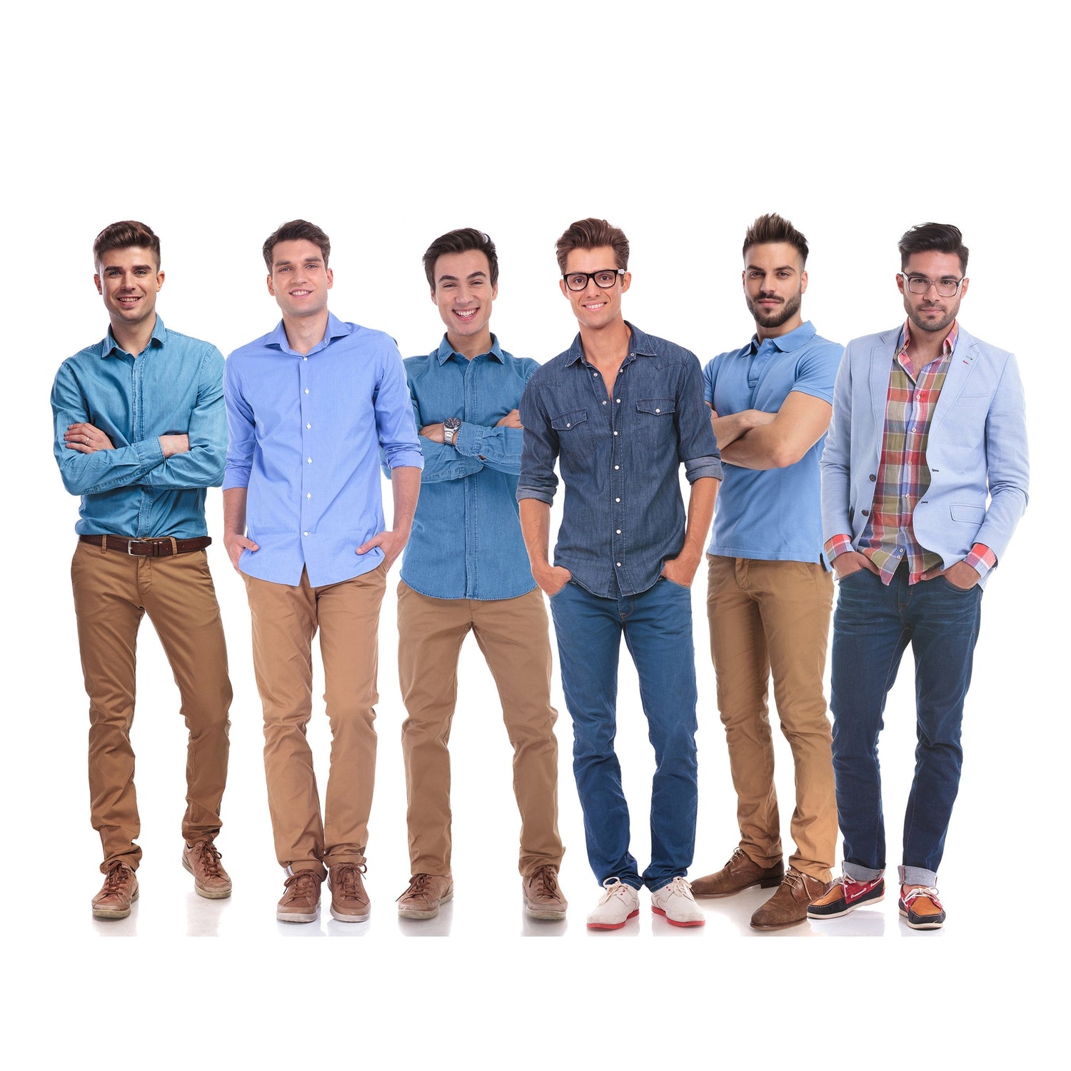 Six men modelling different style pants.
