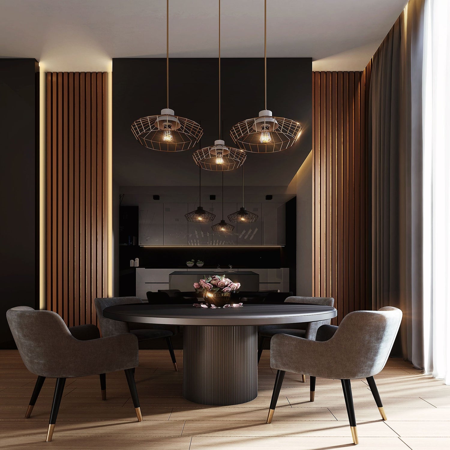 Stylish home décor and dining room setting, cosy and warm with soft lighting.