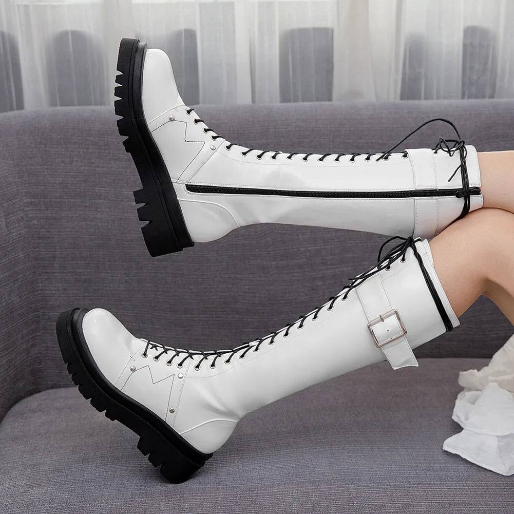 Funki Findz | Boots | Women's Patent Buckle Strap Lace Up Boot