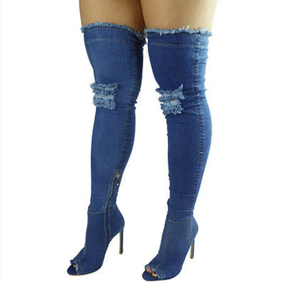 Funki Findz | Boots | Women's Denim Over Knee Stiletto Boots