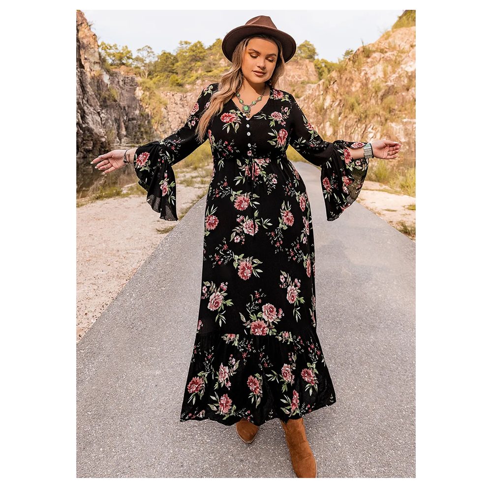 Funki Findz | Dresses | Women's Plus Floral Flare Sleeve Dress