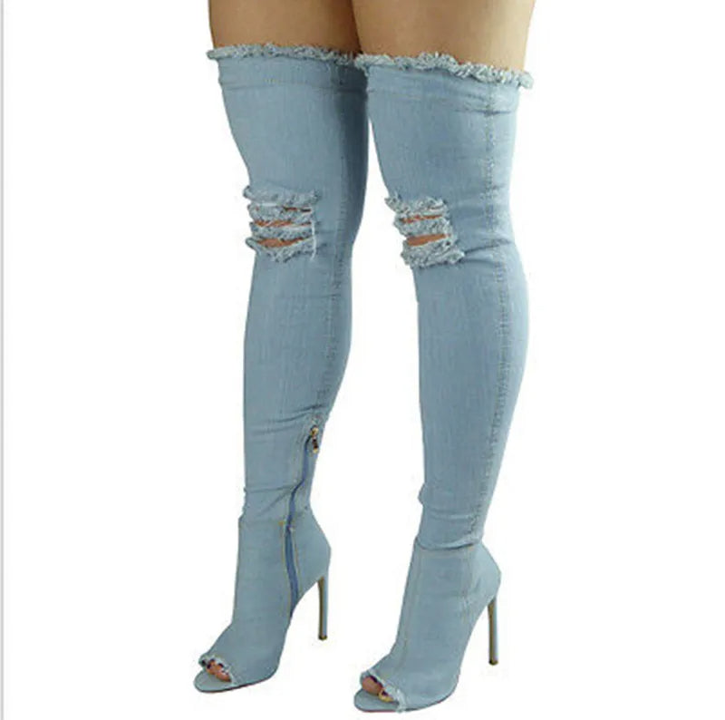 Funki Findz | Boots | Women's Denim Over Knee Stiletto Boots