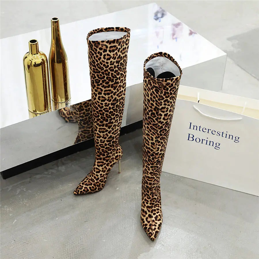 Funki Findz | Boots | Women's Cloth Leopard Print Stiletto Boots