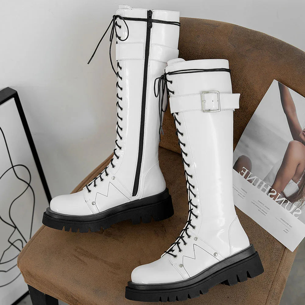Funki Findz | Boots | Women's Patent Buckle Strap Lace Up Boot