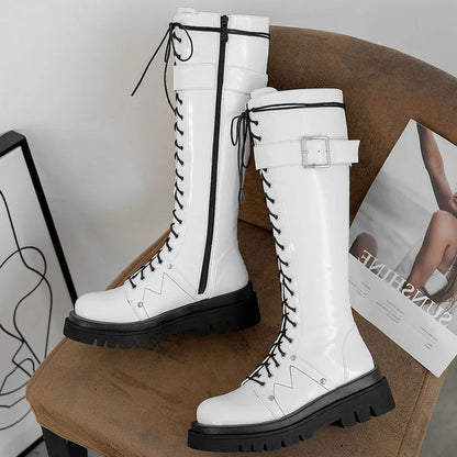 Funki Findz | Boots | Women's Patent Buckle Strap Lace Up Boot