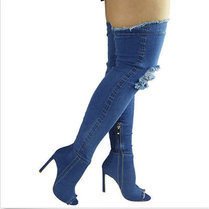 Funki Findz | Boots | Women's Denim Over Knee Stiletto Boots
