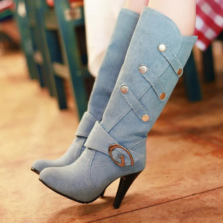 Funki Findz | Boots | Women's Knee High Denim Stiletto Boots