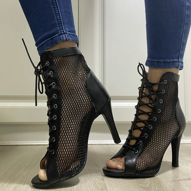Funki Findz | Boots | Women's Mesh Peep Toe Stiletto Booties