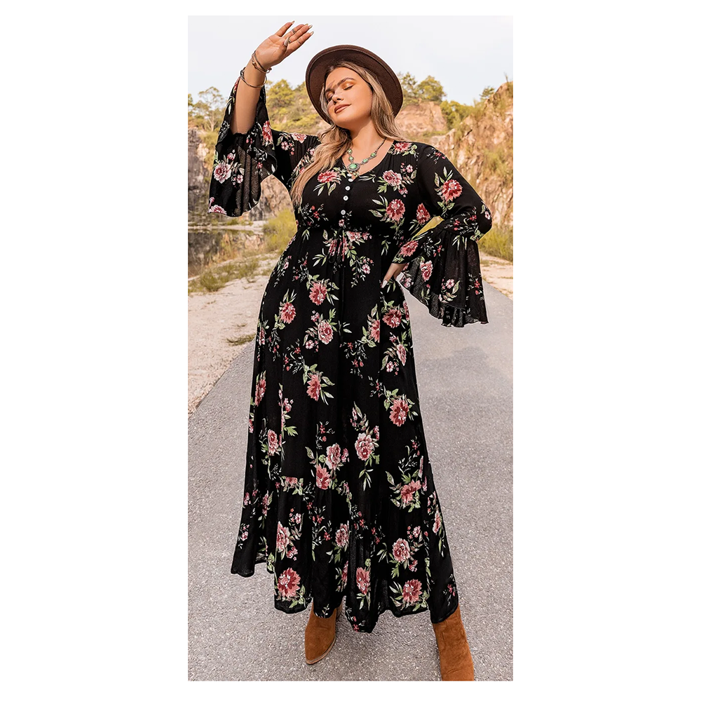 Funki Findz | Dresses | Women's Plus Floral Flare Sleeve Dress