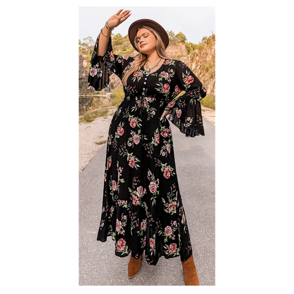 Funki Findz | Dresses | Women's Plus Floral Flare Sleeve Dress