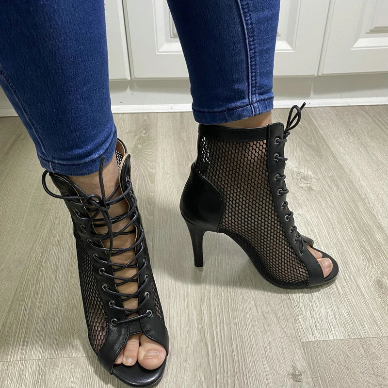 Funki Findz | Boots | Women's Mesh Peep Toe Stiletto Booties