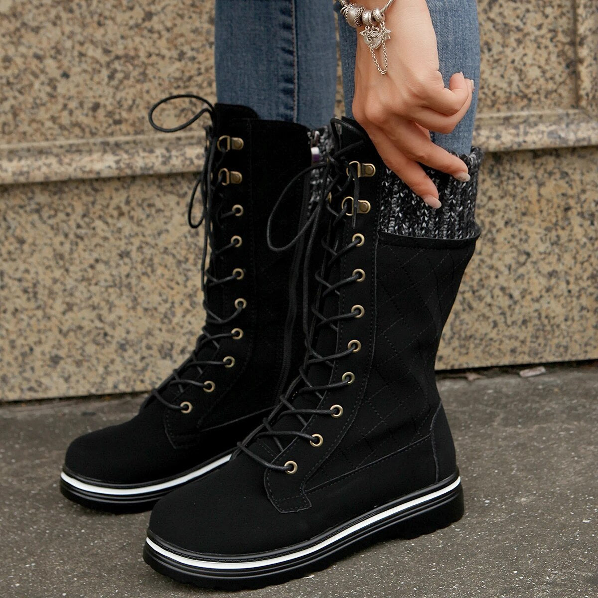 Funki Findz | Boots | Women's Plush Mid-Calf Lace Up Flat Boots