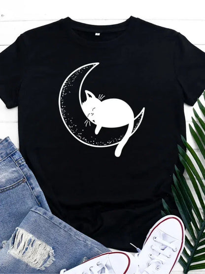 Funki Findz | Shirts | Women's Cat On the Moon Printed T-Shirt