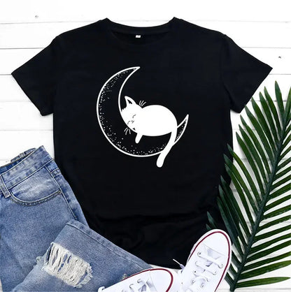 Funki Findz | Shirts | Women's Cat On the Moon Printed T-Shirt