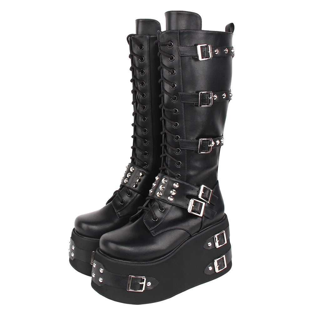 Funki Findz | Boots | Women's Gothic Buckle Rivet Wedge Boots
