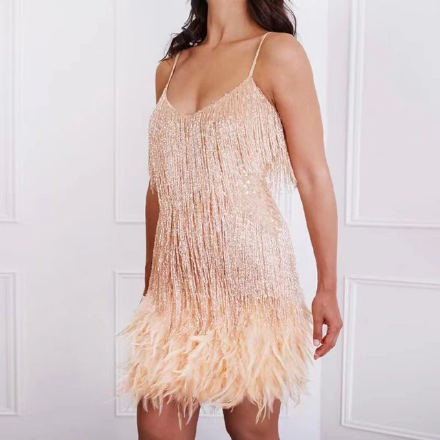 Funki Findz | Dresses | Women's Sequin Feather Fringe Dress