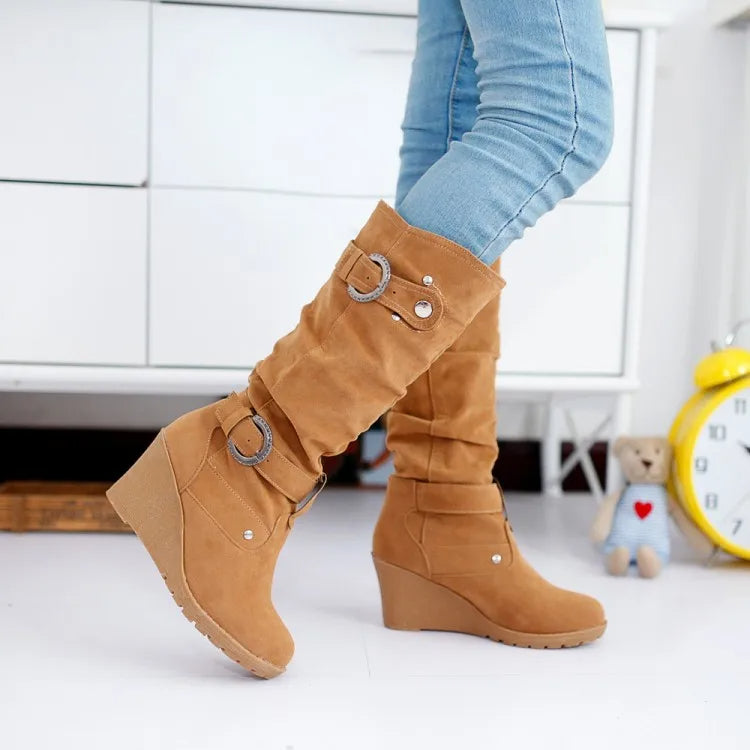 Funki Findz | Boots | Women's Mid-Calf Suede Wedge Stud Boot