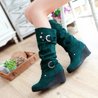 Funki Findz | Boots | Women's Mid-Calf Suede Wedge Stud Boot