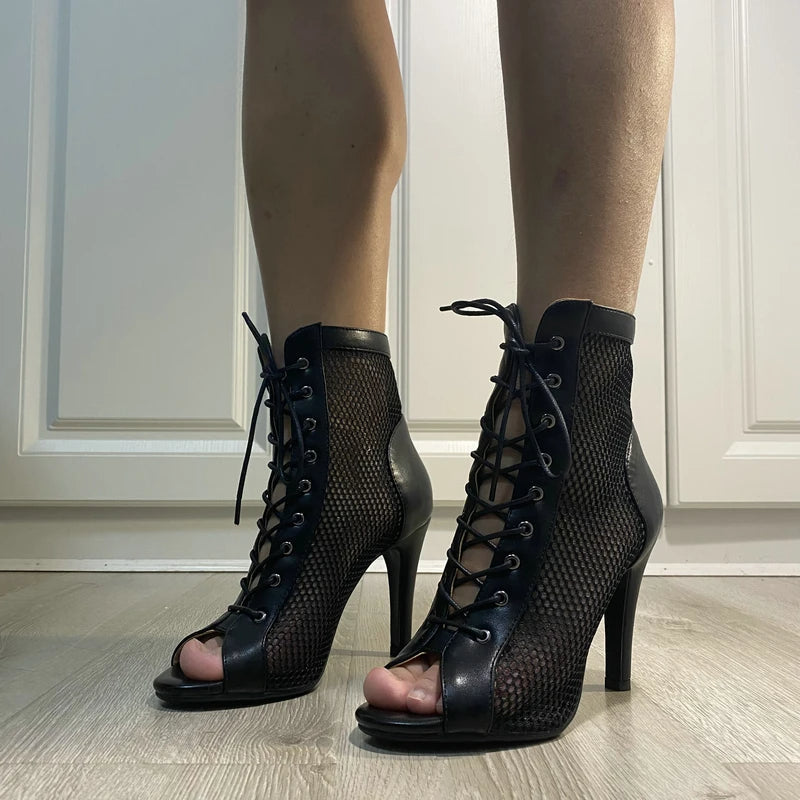 Funki Findz | Boots | Women's Mesh Peep Toe Stiletto Booties