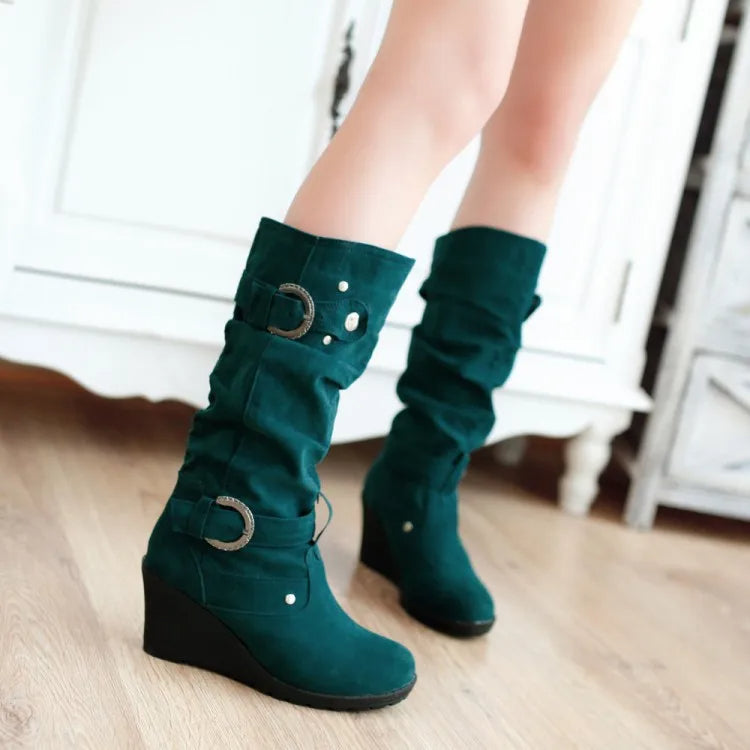 Funki Findz | Boots | Women's Mid-Calf Suede Wedge Stud Boot
