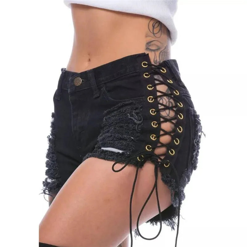 Funki Findz | Shorts | Women's Goth Punk Lace Up Denim Shorts