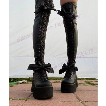 Funki Findz | Boots | Women's Matte Over Knee Bow Knot Boots