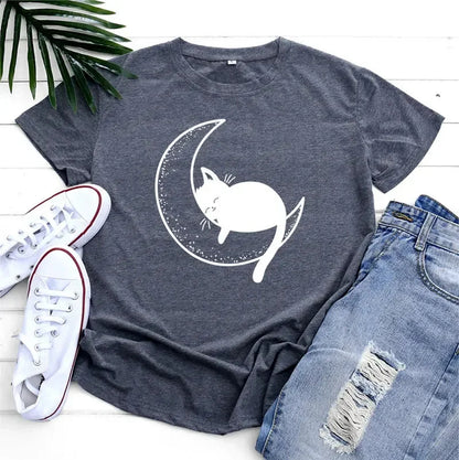 Funki Findz | Shirts | Women's Cat On the Moon Printed T-Shirt