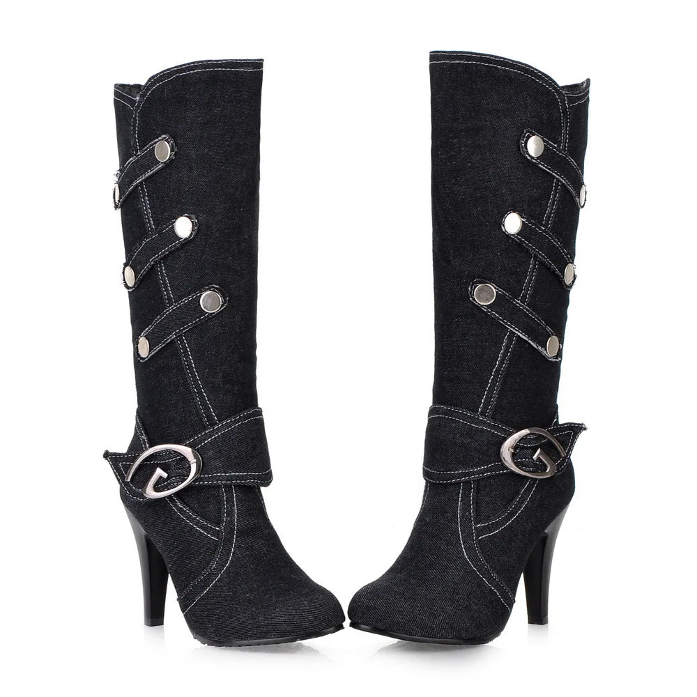Funki Findz | Boots | Women's Knee High Denim Stiletto Boots
