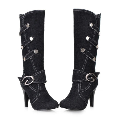 Funki Findz | Boots | Women's Knee High Denim Stiletto Boots